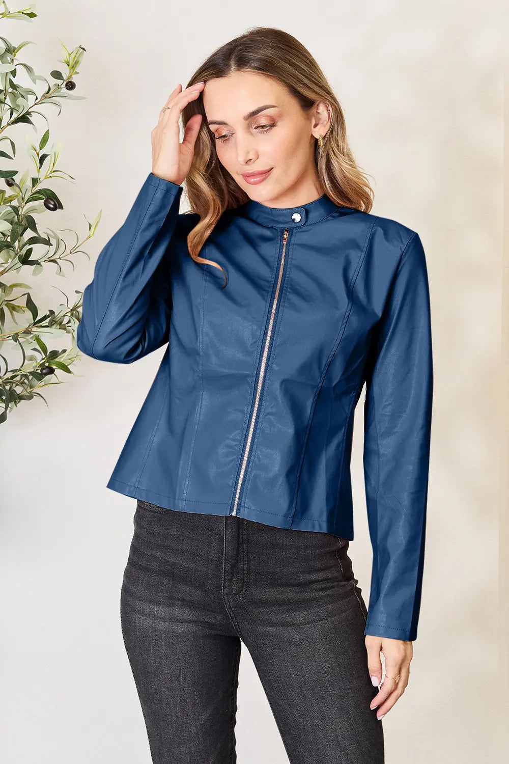 Mock Neck Zip Up Jacket in Peacock Blue