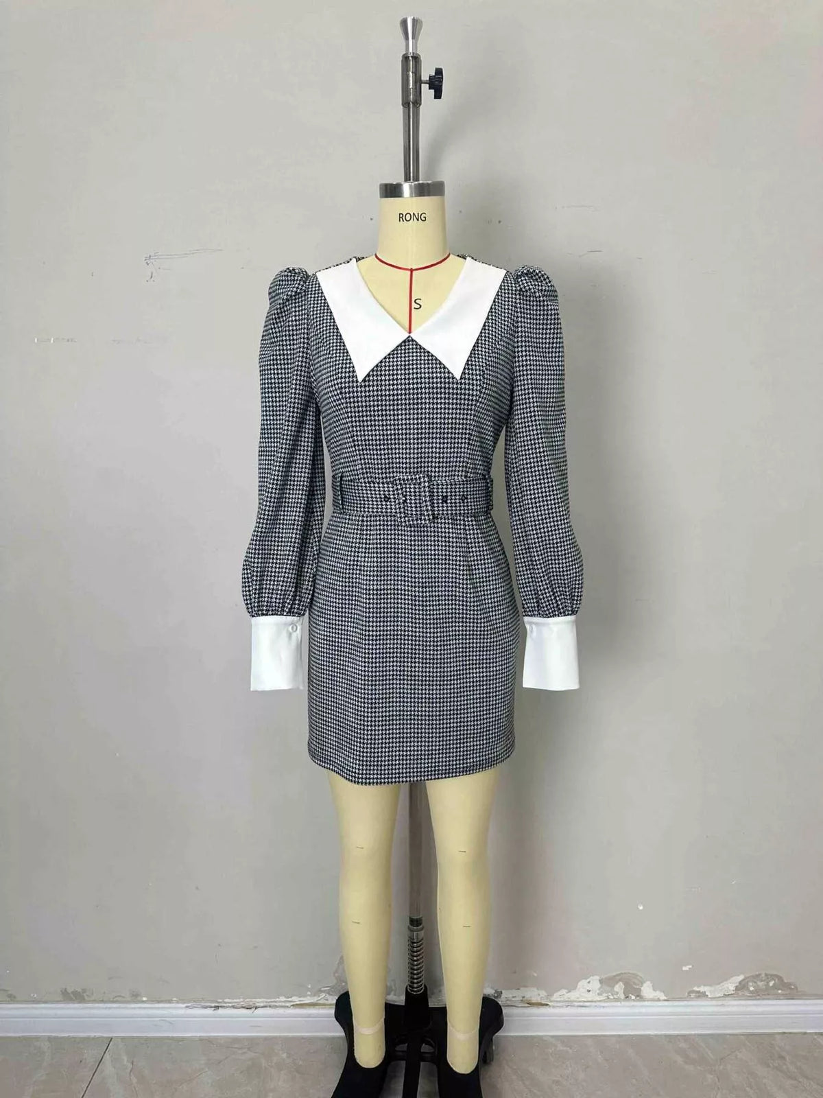 Contrast Collar Houndstooth Mini Dress