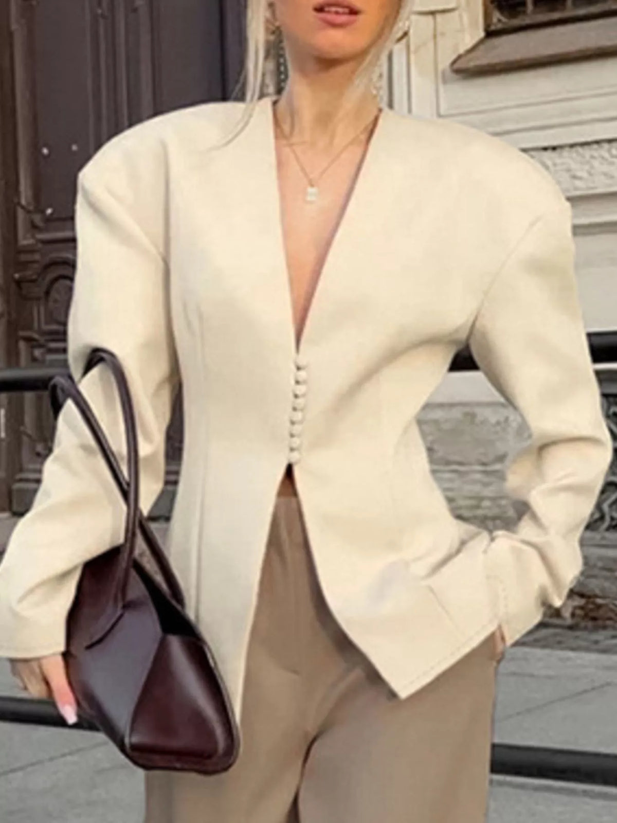 V-Neck Button-Up Blazer with Structured Shoulders - Lilixa.store