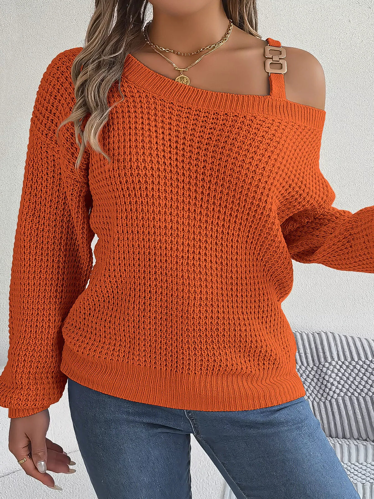 Asymmetrical Neck Long Sleeve Sweater - Lilixa.store