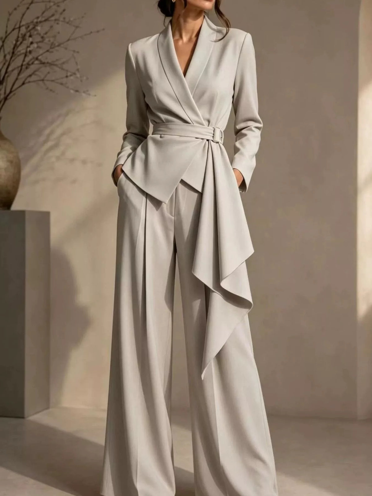 Full Size Belted Blazer and Wide-Leg Pants Set Plus Size - Lilixa.store