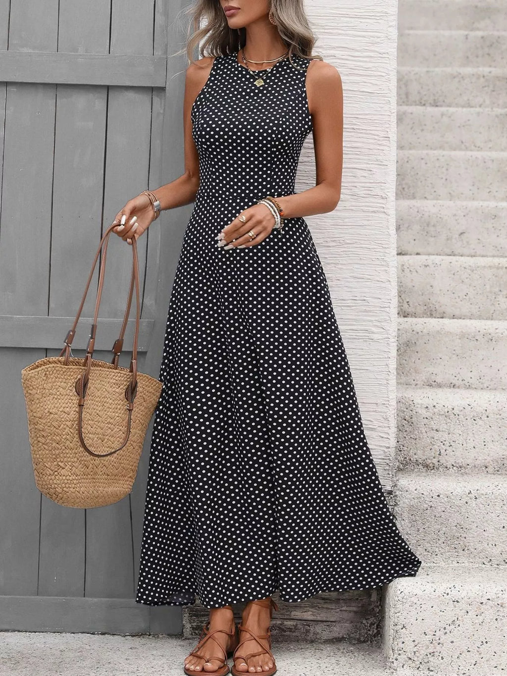 Sleeveless Polka Dot Maxi Dress, view 2