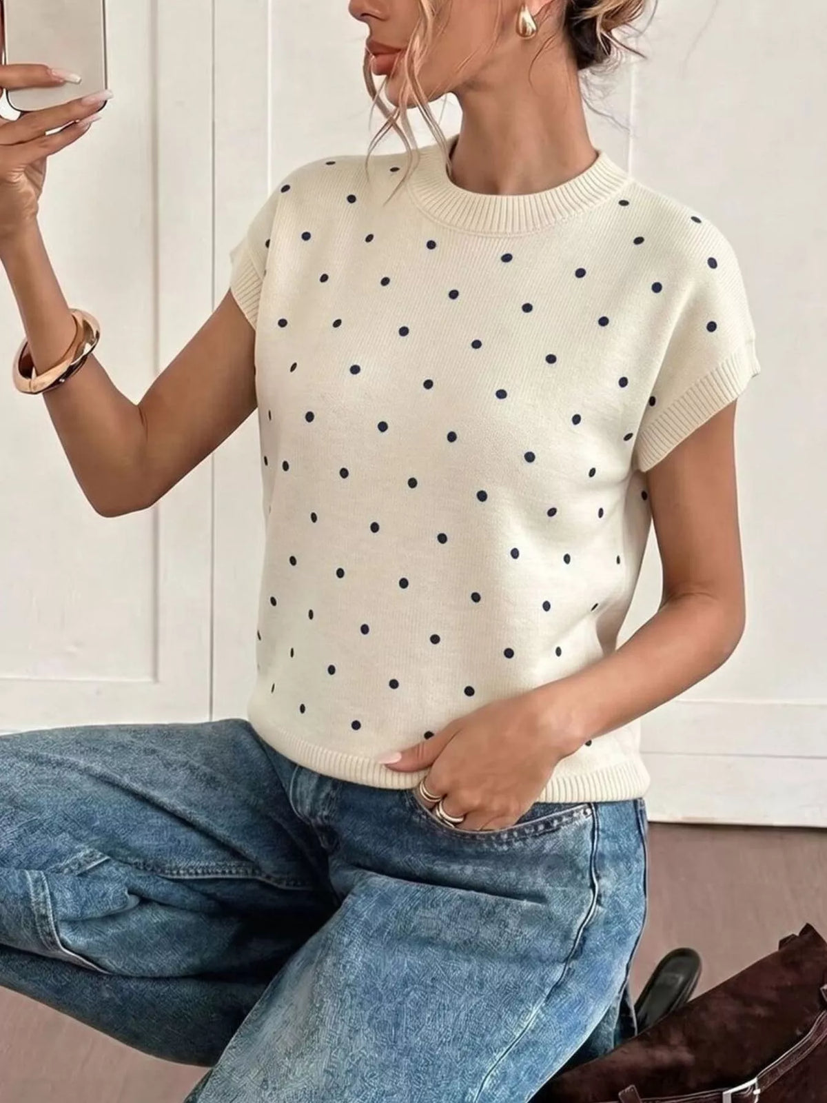 Polka Dot Short Sleeve Knit Sweater in Apricot, view 2