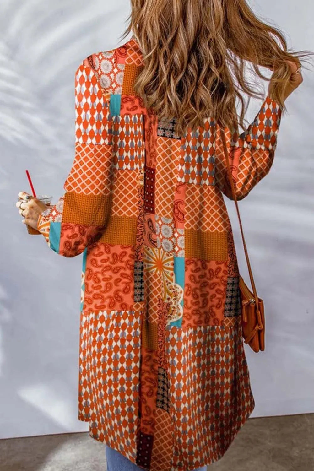 Printed Button Up Long Sleeve Cardigan in Ochre