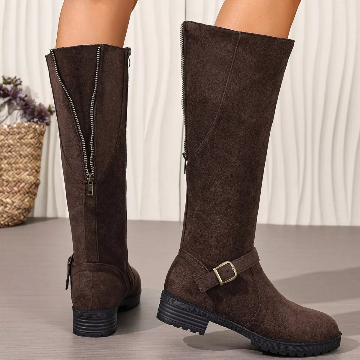 Knee-High Suede Buckle Accent Boots - Lilixa.store