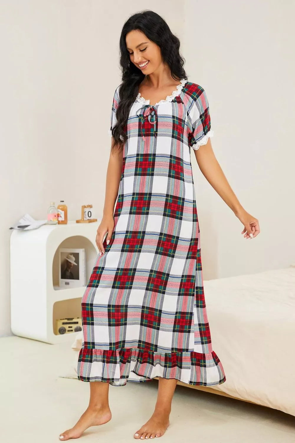 Plaid Lace Trim Ruffle Hem Night Dress - Lilixa.store