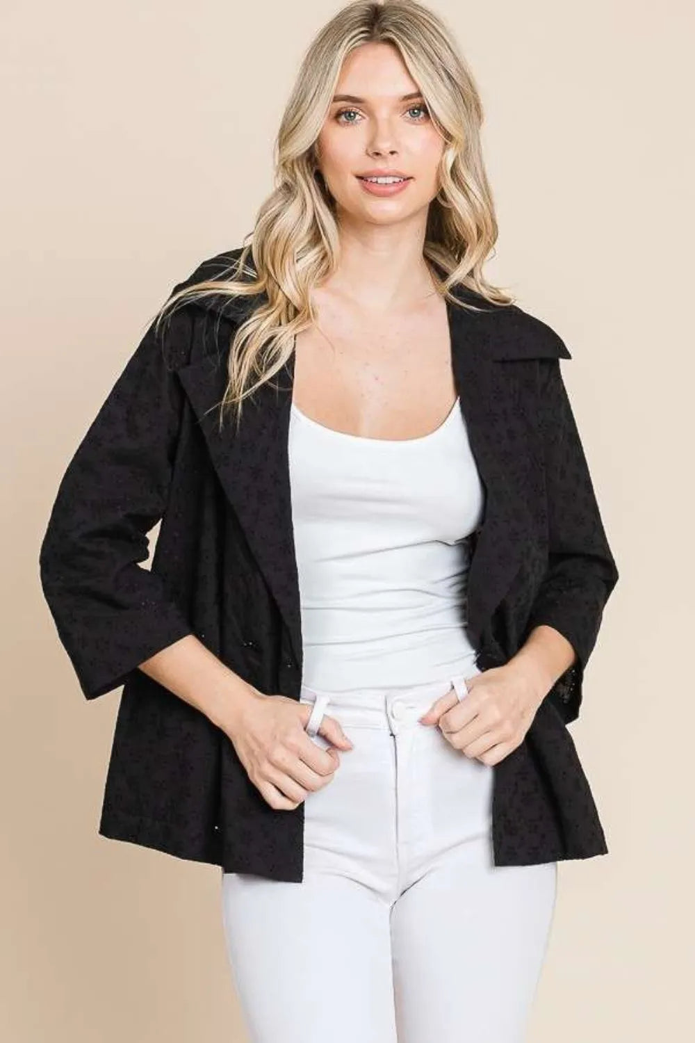 Culture Code Double Breasted Eyelet Jacket with Pockets in Black