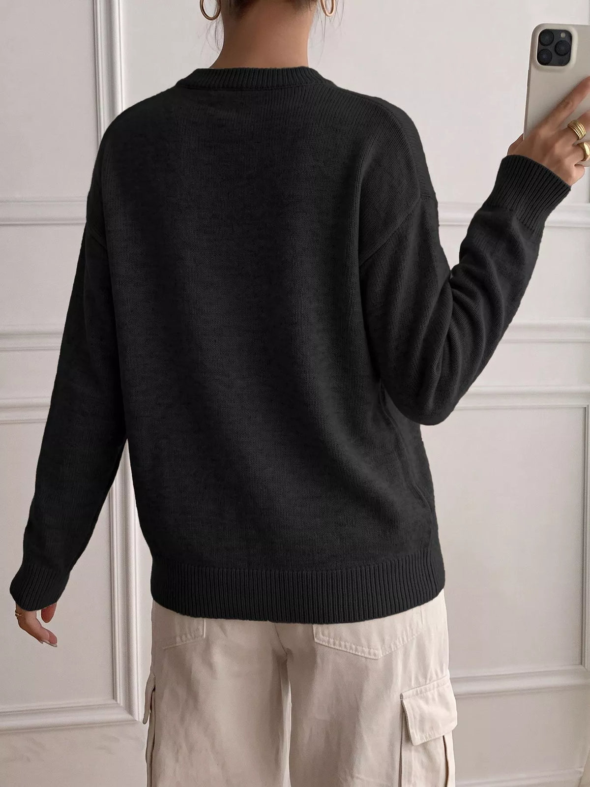 Decor Button-Placket Ribbed Knit Sweater