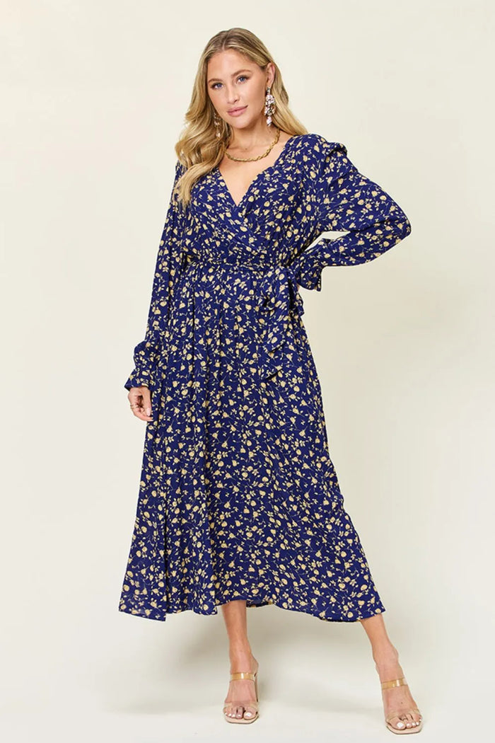 Double Take Full Size Tie Back Flounce Sleeve Dress in Dark Blue