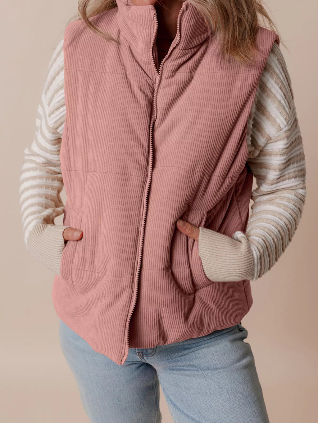 Corduroy Stand Neck Zipped Puffer Vest - Lilixa.store