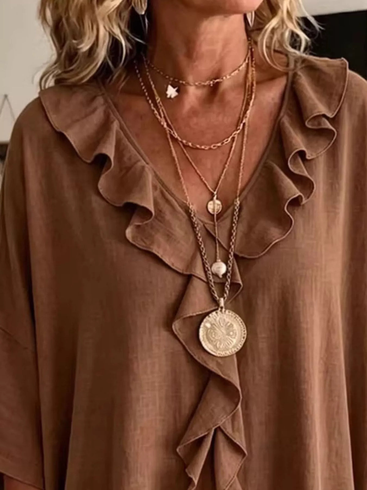 Full Size Ruffled V-Neck 3/4 Sleeve Blouse Plus Size, view 9