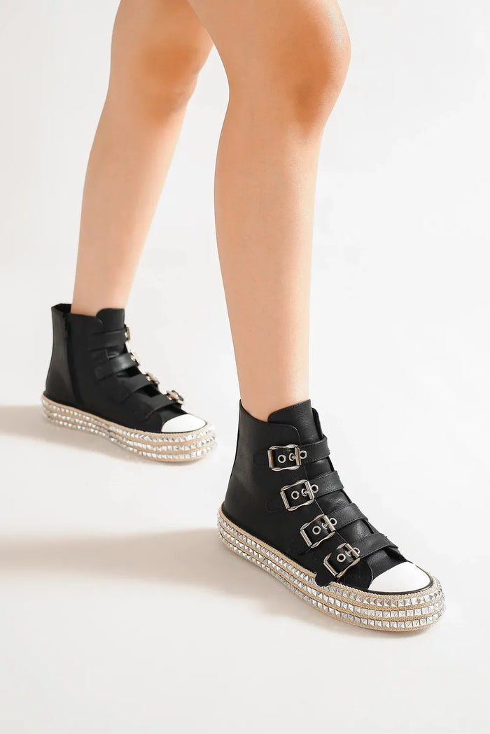 Beast Fashion Multi-Buckle Straps Studded Platform Sneakers - Lilixa.store