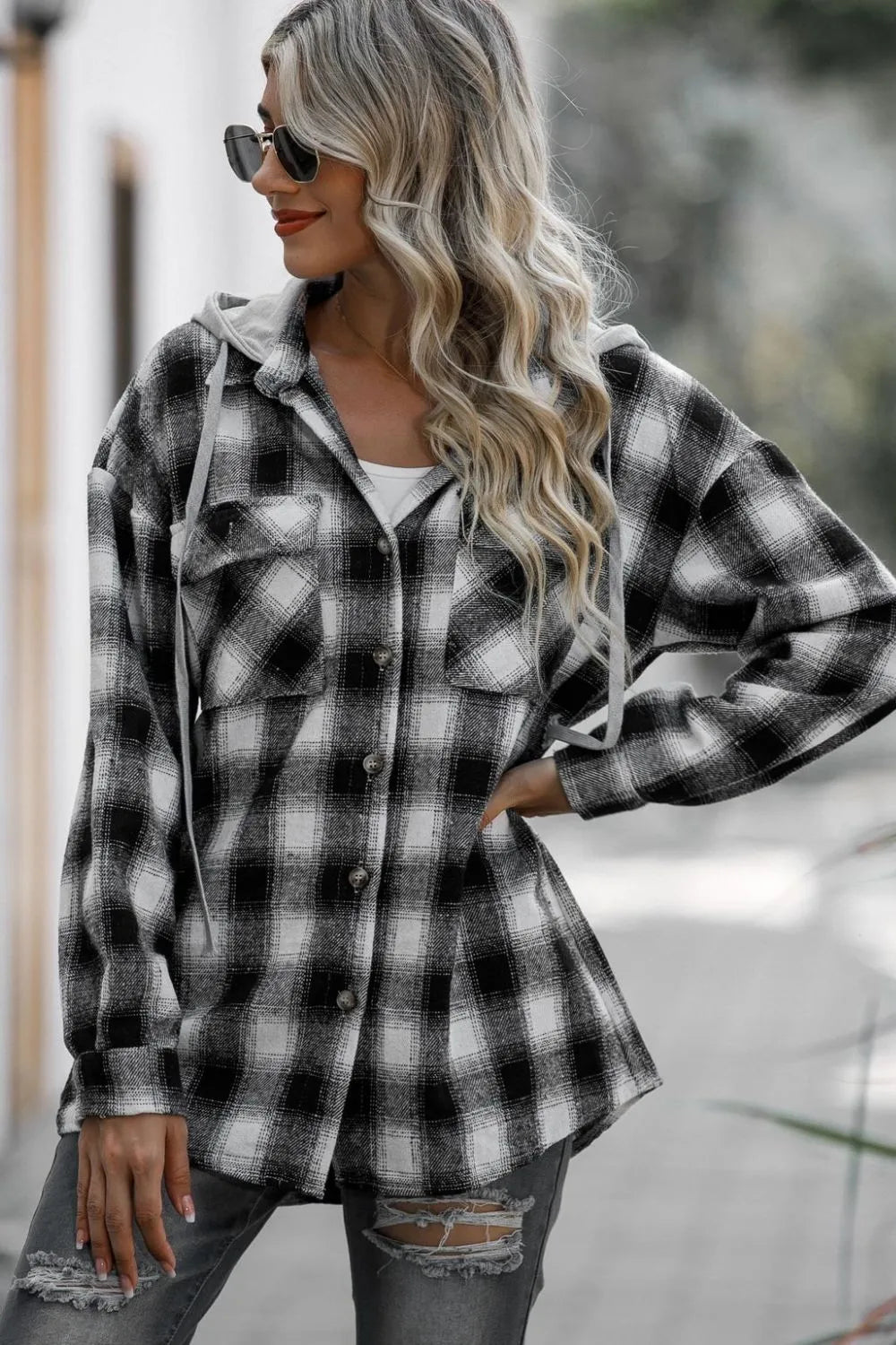 Double Take Drawstring Plaid Long Sleeve Hooded Shacket - Lilixa.store