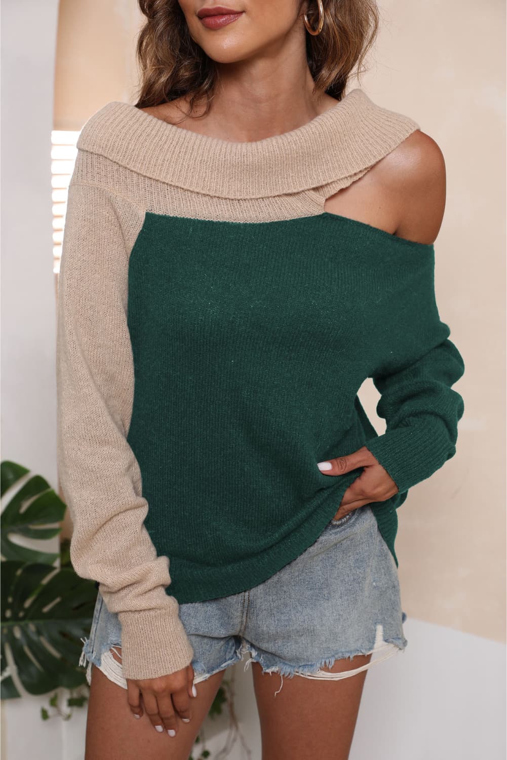 Asymmetrical Long Sleeve Two-Tone Cutout Sweater, view 9