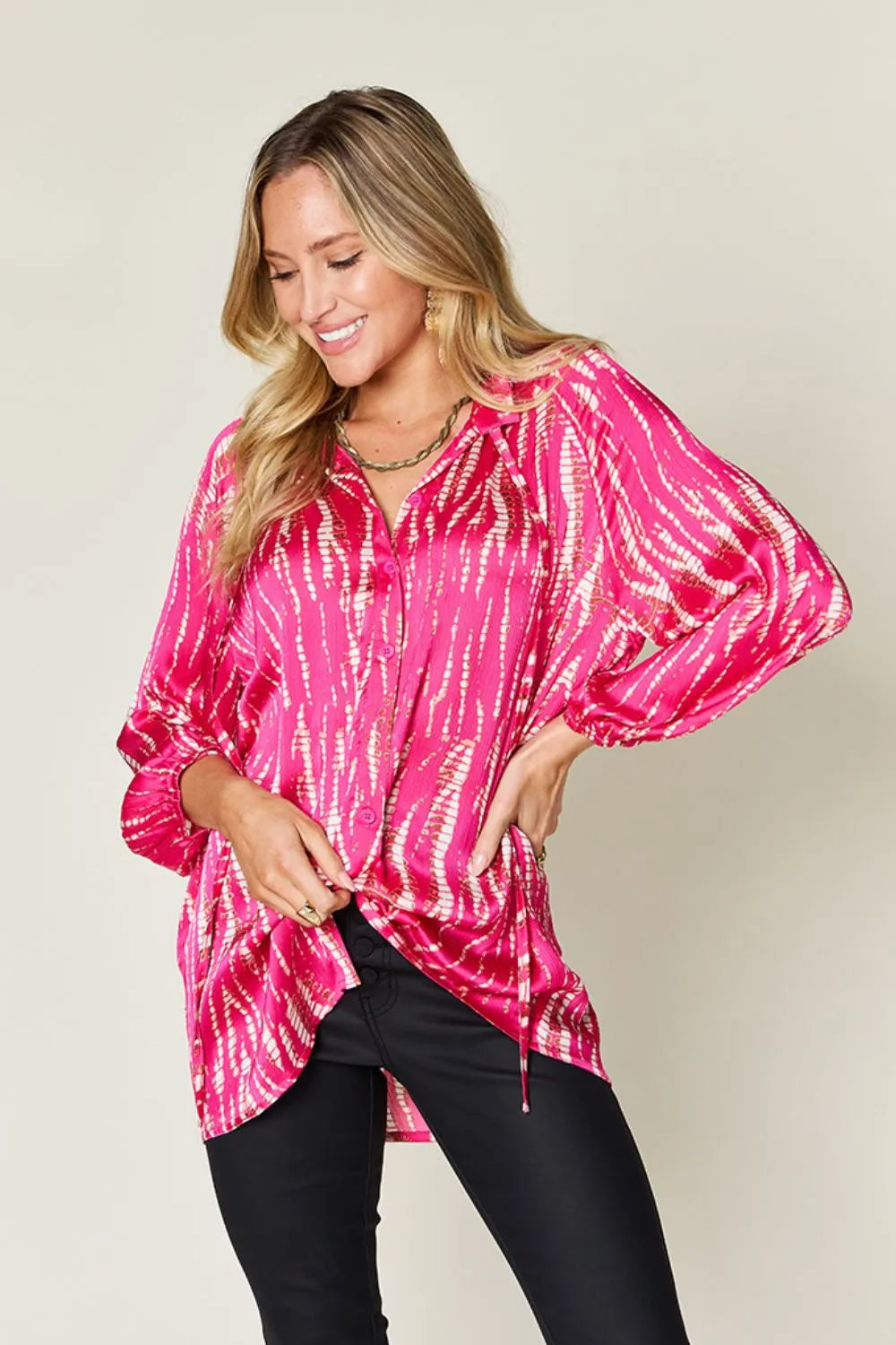 Double Take Full Size Printed Button Up Long Sleeve Shirt - Lilixa.store