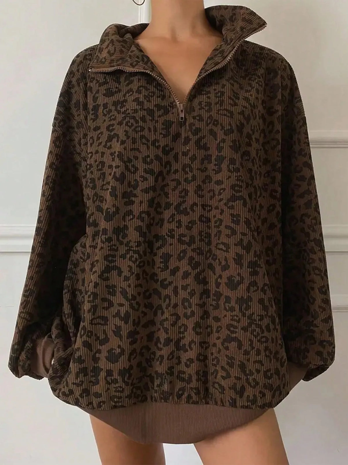 Leopard Print Quarter-Zip Sweatshirt - Lilixa.store