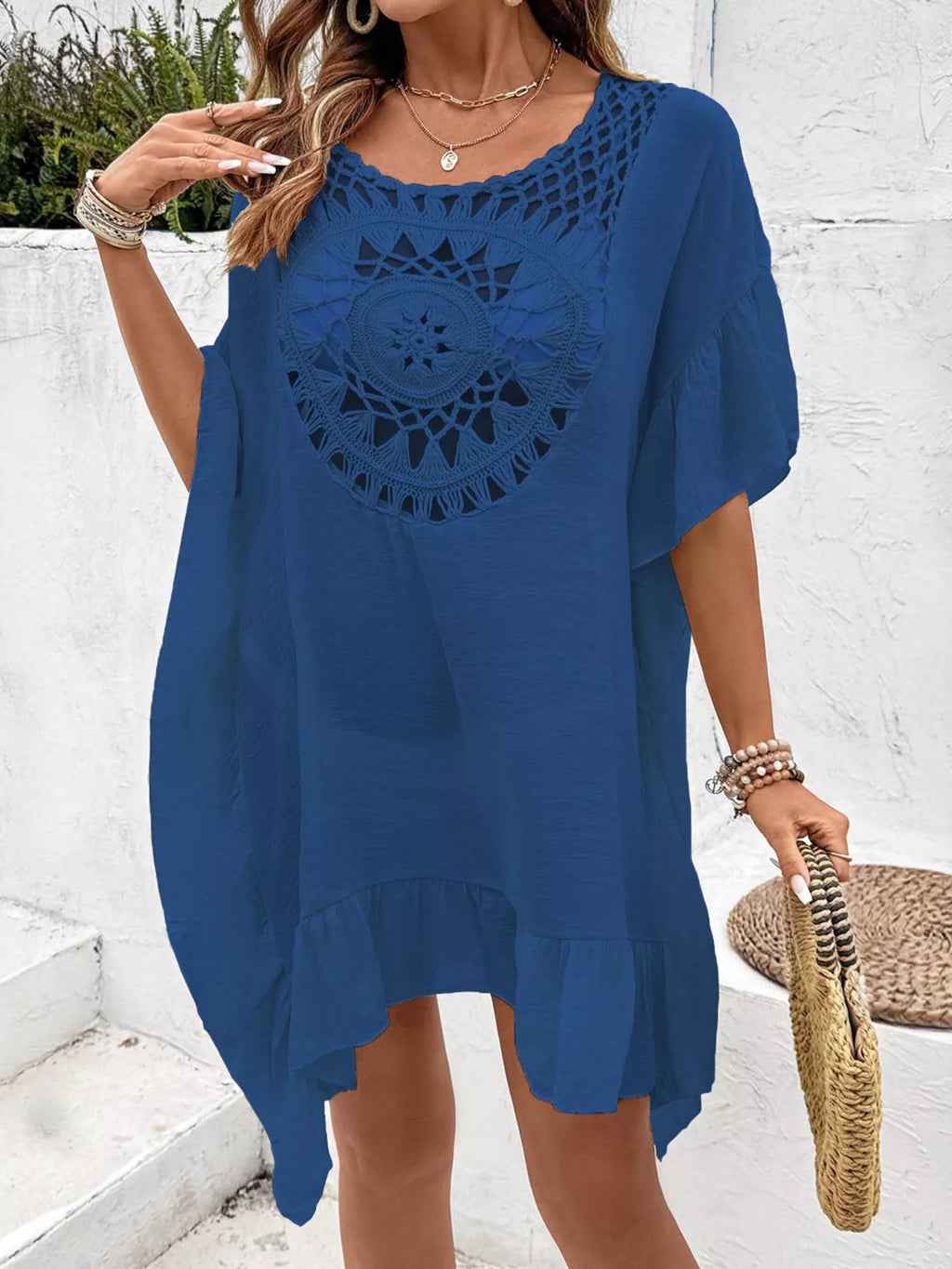 Crochet Trim Ruffled Hem Cover-Up Dress - Lilixa.store