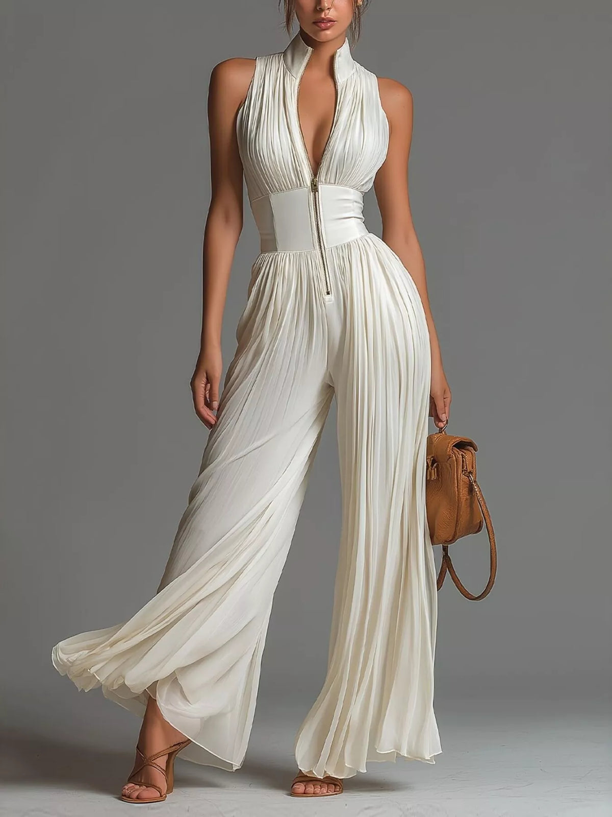 Sleeveless Pleated Jumpsuit with Front Zipper in Cream