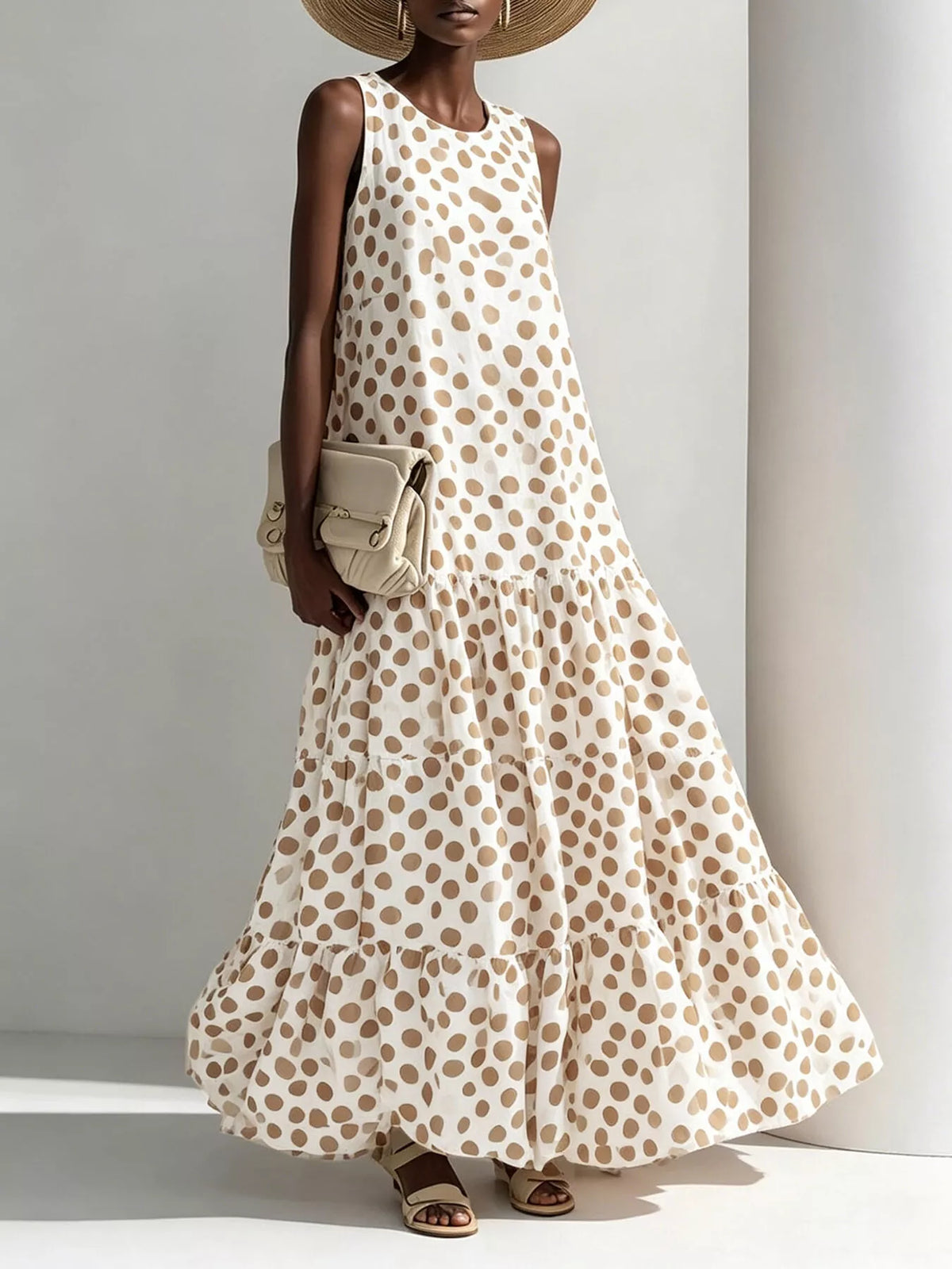 Polka Dot Sleeveless Tiered Maxi Dress