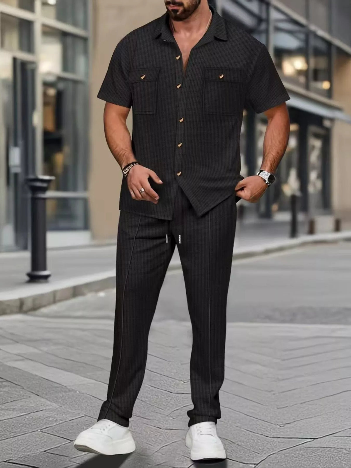 Men's Full Size Casual Short Sleeve Shirt and Pants Set Plus Size in Black