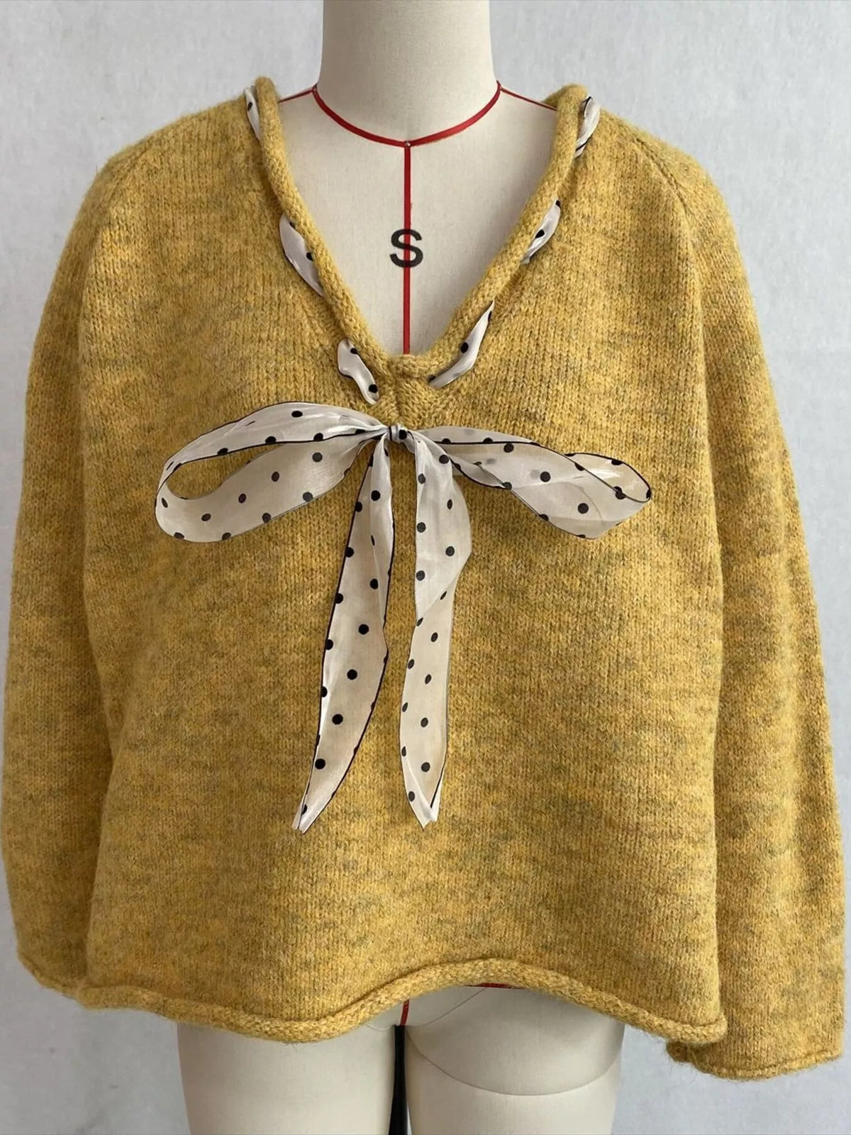 Chic V-Neck Sweater with Polka Dot Ribbon Tie, view 21