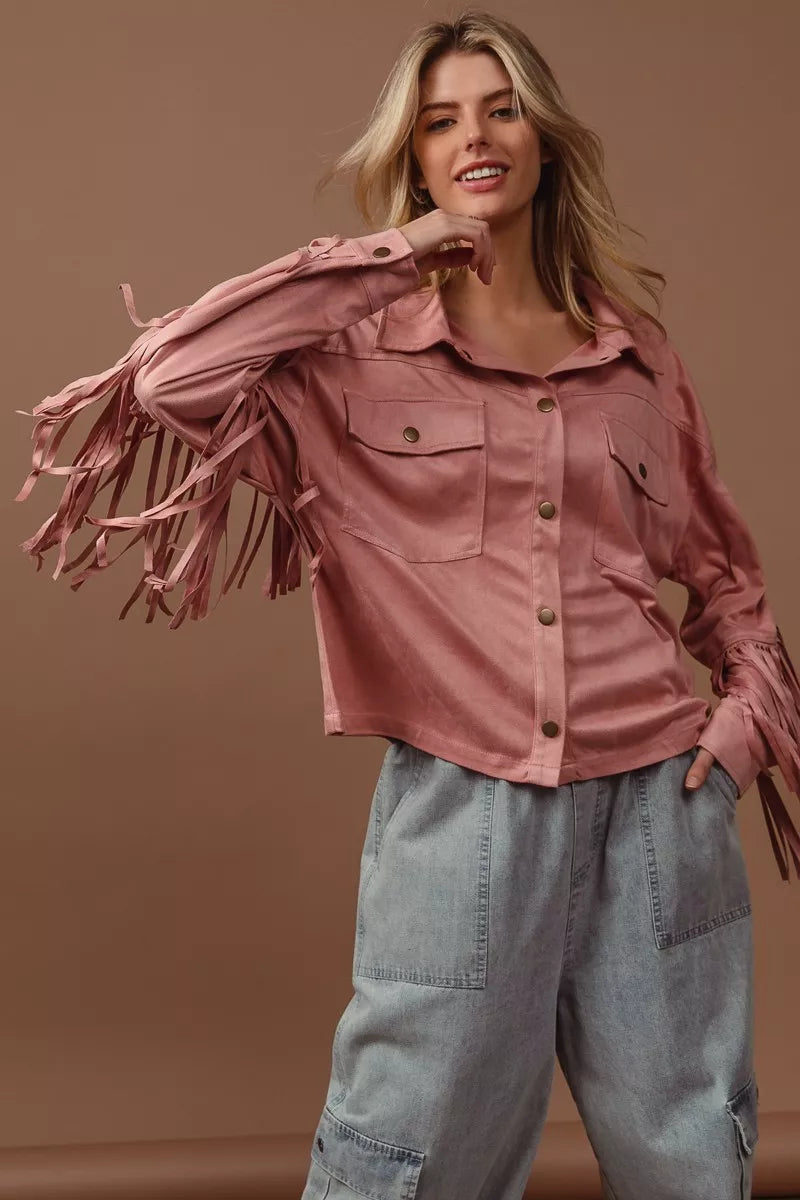 BiBi Suede Fringe Long Sleeve Jacket in Blush, view 5