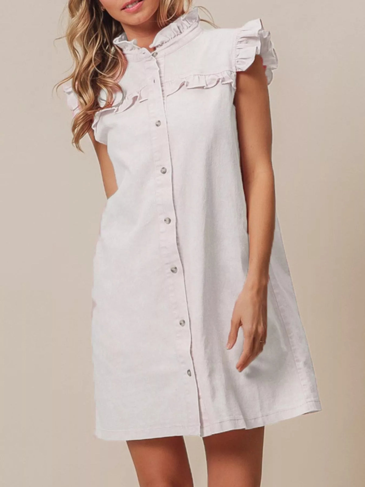 Ruffled Trim Button-Down Denim Dress - Lilixa.store