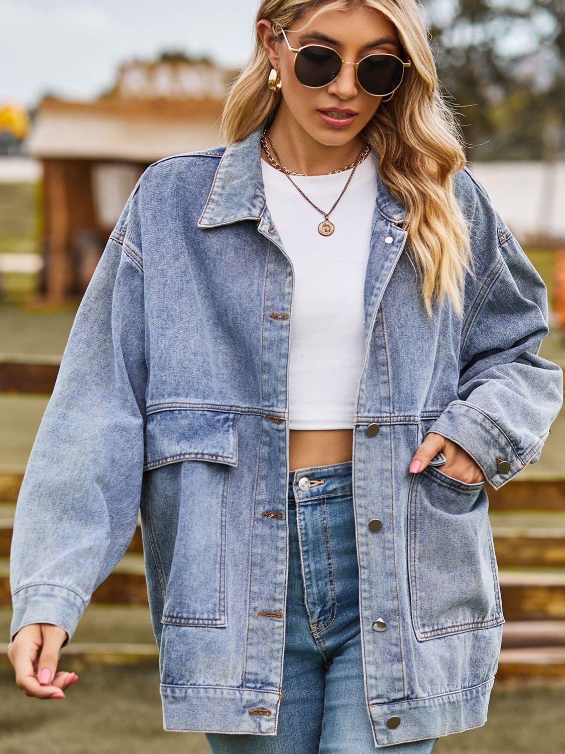 Dropped Shoulder Denim Jacket with Pockets in Dark Gray, view 7