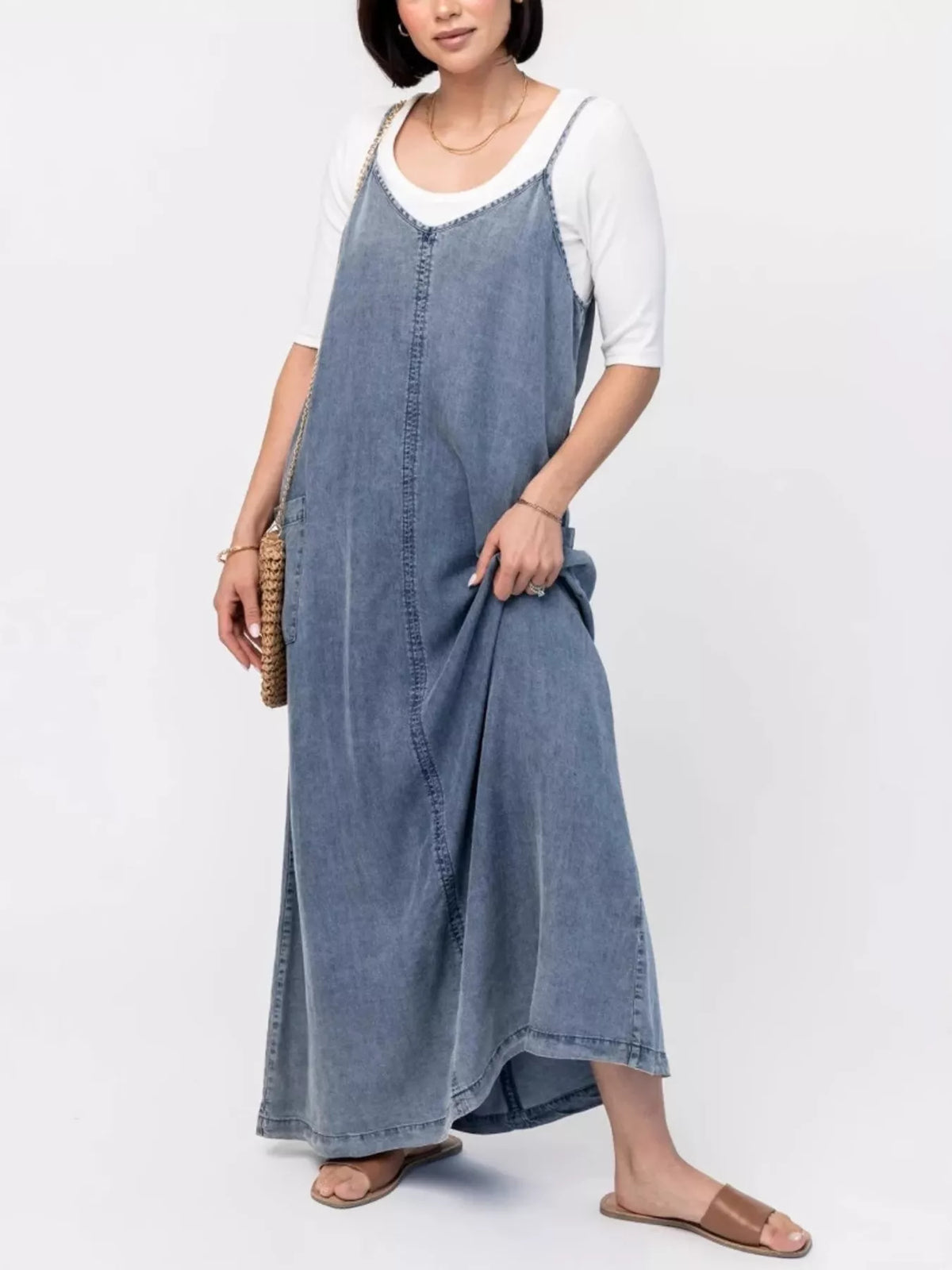 Casual Washed Denim Cami Maxi Dress in Blue