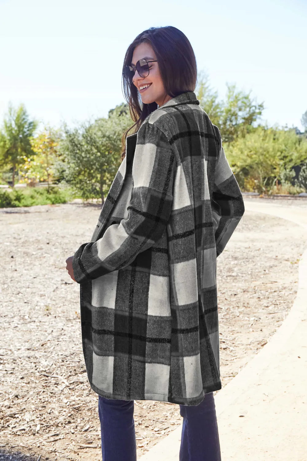 Double Take Full Size Plaid Button Up Lapel Collar Coat - Lilixa.store