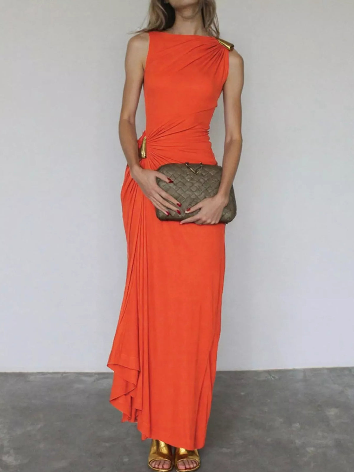 Draped Sleeveless Bodycon Maxi Dress with Metal Detail - Lilixa.store
