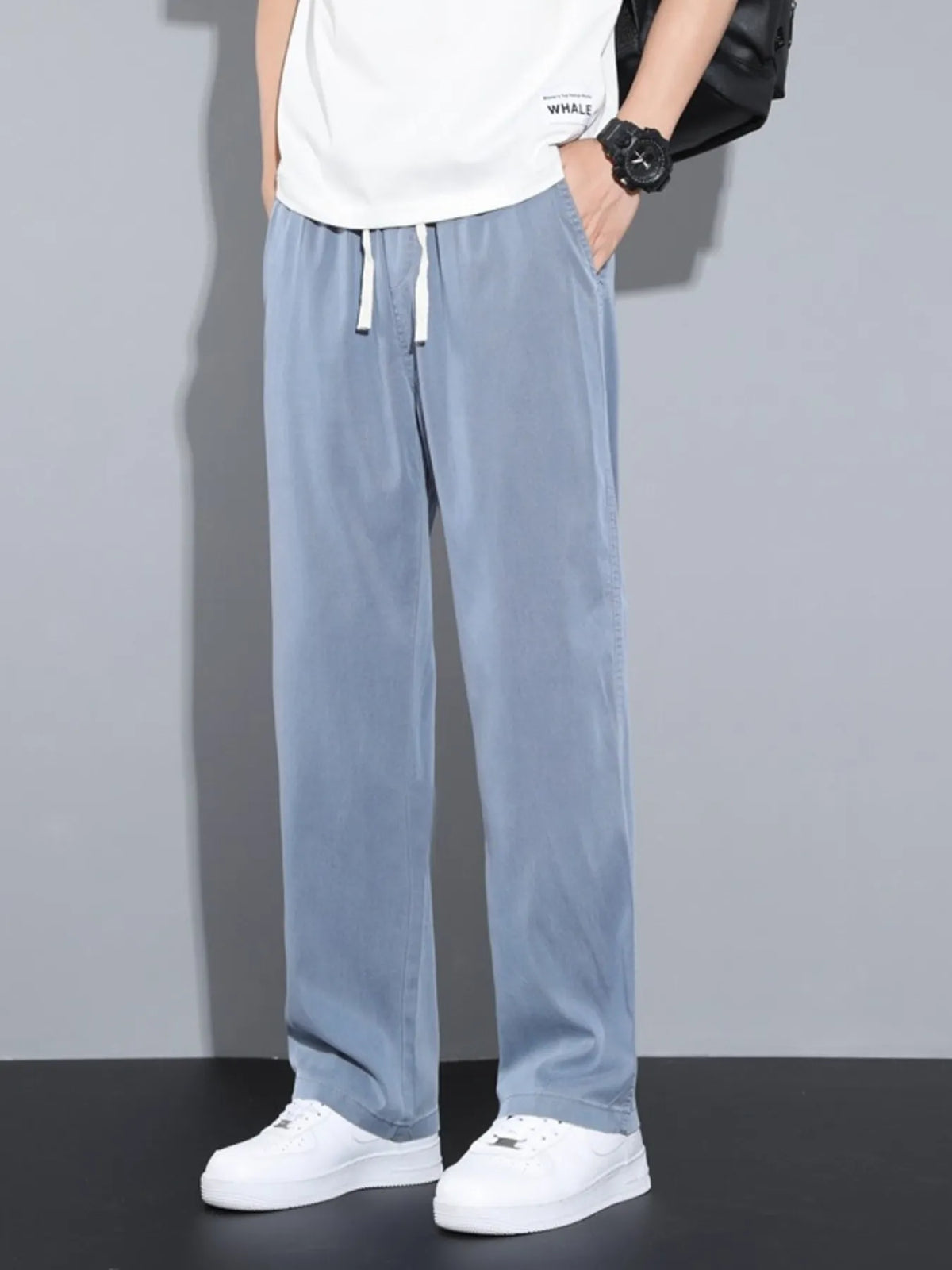 Men's Plus Size Casual Wide Leg Drawstring Pants in Blue