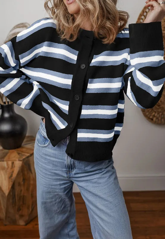 Striped Button Down Long Sleeve Cardigan - Lilixa.store