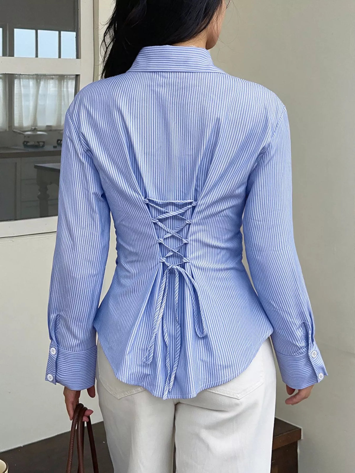 Striped Slim-Fit Button-Down Shirt in Blue, view 6