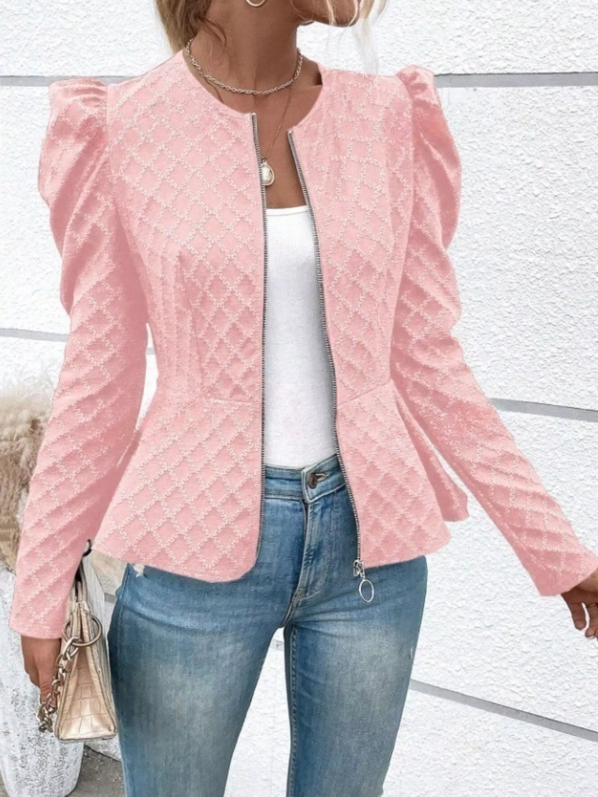 Puff Sleeve Textured Jacquard Jacket, view 5