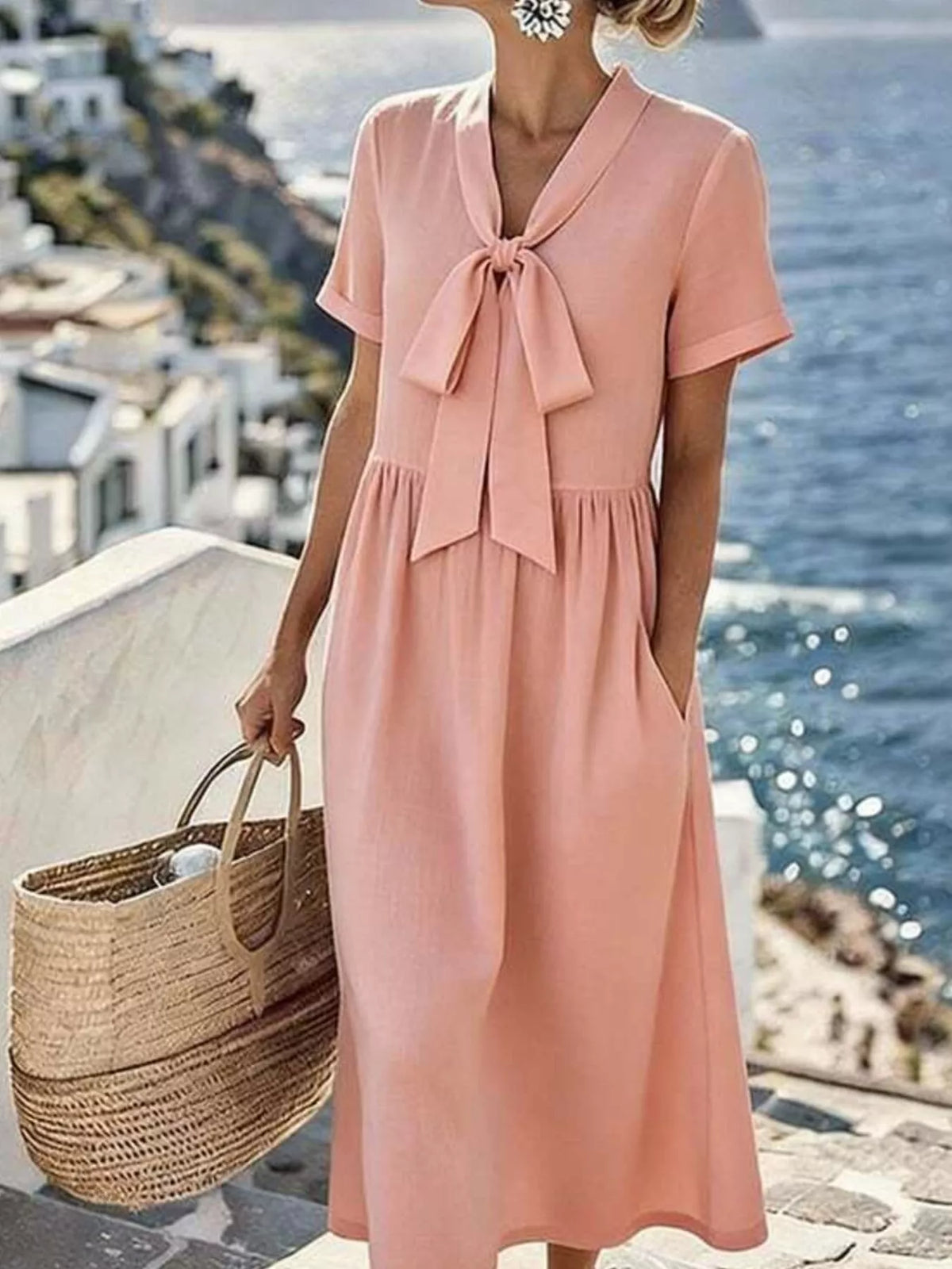 Bow-Tie Short Sleeve Midi Dress