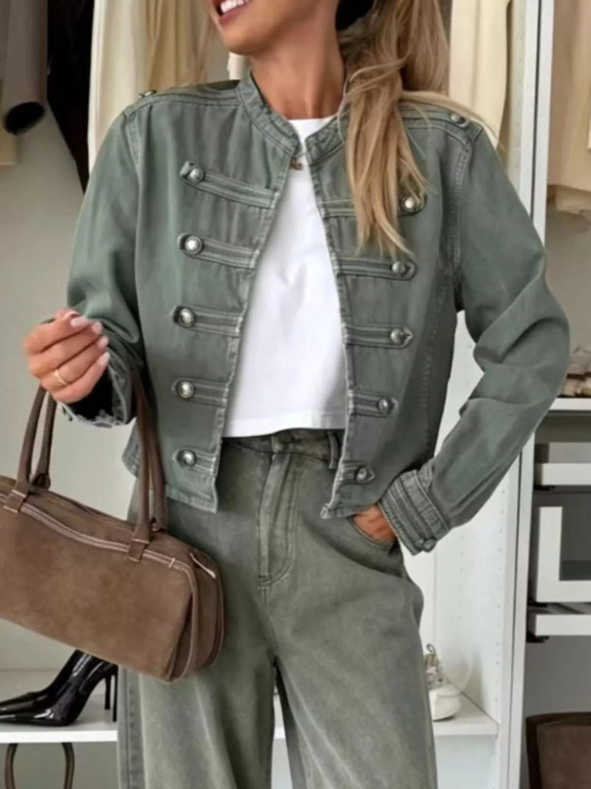 Decorative Button Cropped Denim Jacket - Lilixa.store