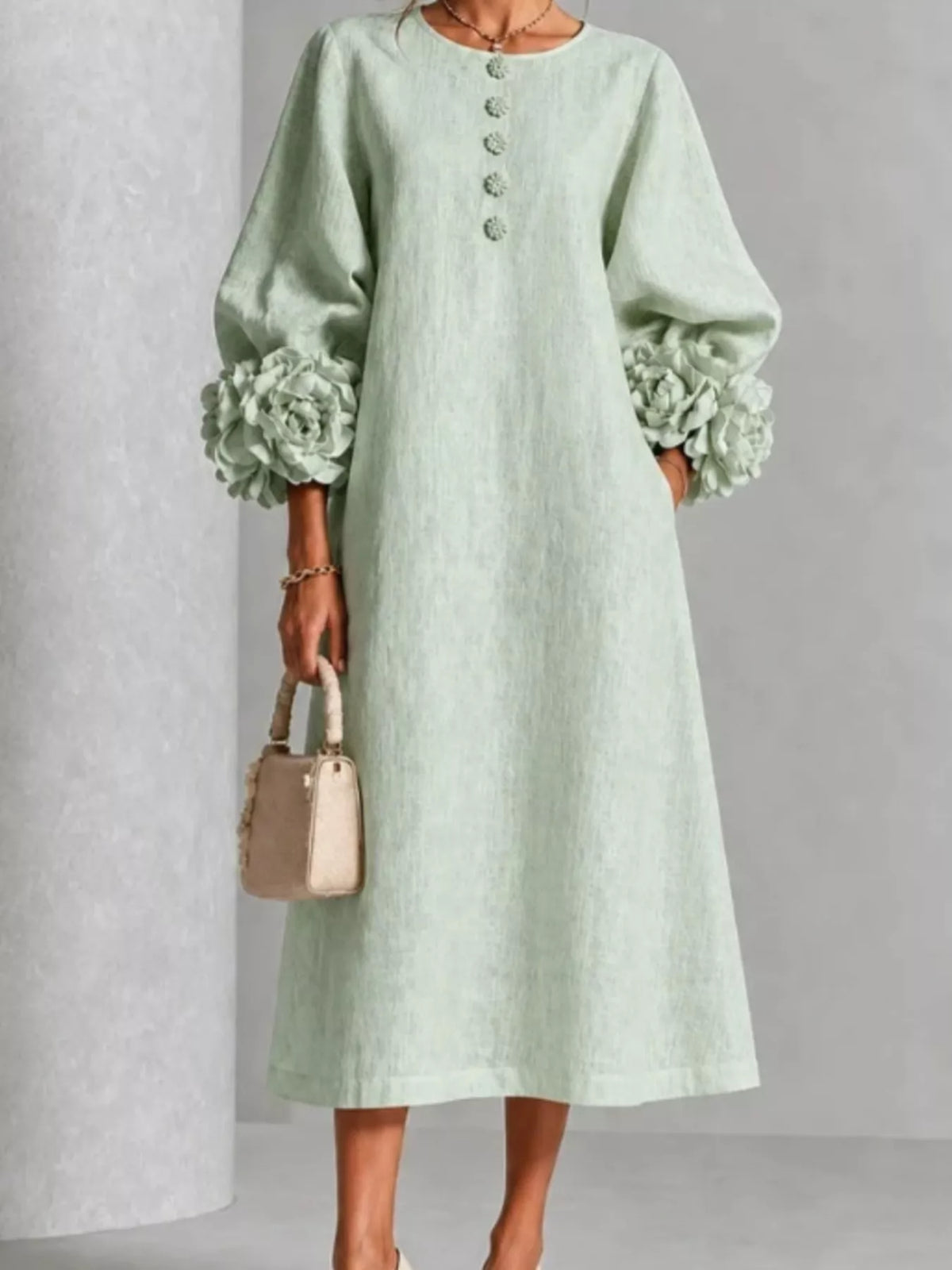 3D Floral Round Neck Midi Dress