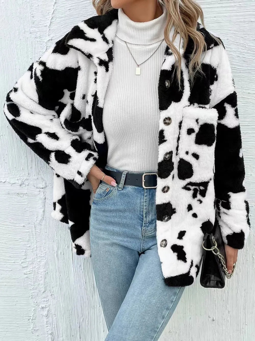 Cow Print Collared Neck Button Up Fuzzy Jacket in White