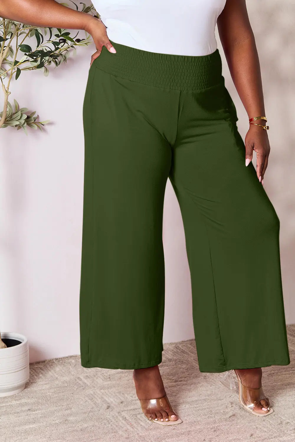 Basic Bae Full Size Smocked Wide Waistband Wide Leg Pants - Lilixa.store