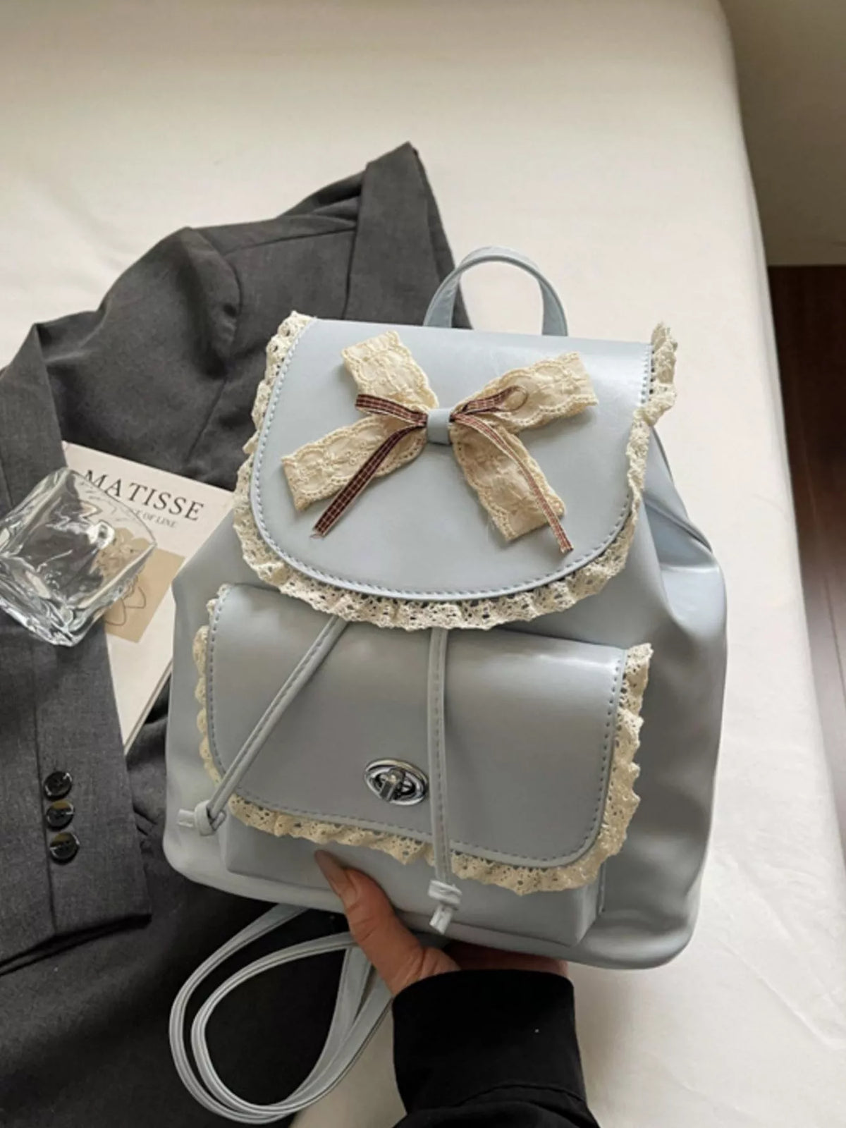 Lace Trim Bow Decor Backpack Bag - Lilixa.store