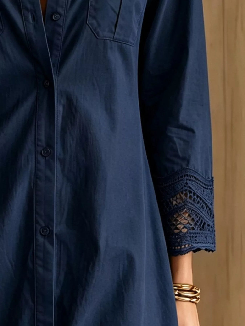 Button-Down Shirt Dress with Lace Trim - Lilixa.store