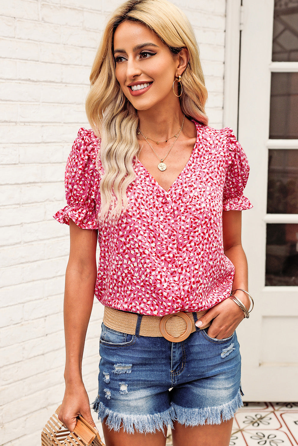 Printed Flounce Sleeve Plunge Blouse - Lilixa.store