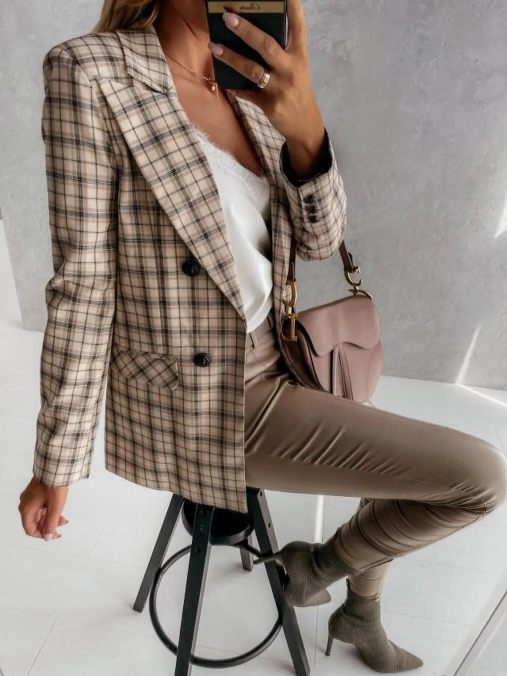 Houndstooth Double-Breasted Blazer - Lilixa.store