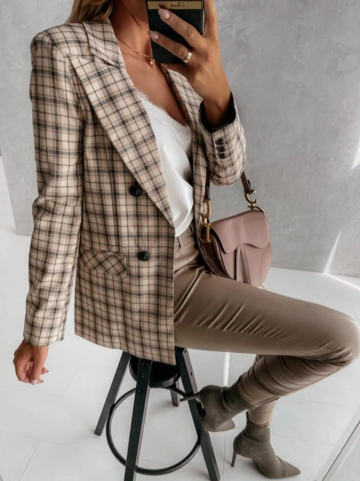 Houndstooth Double-Breasted Blazer - Lilixa.store