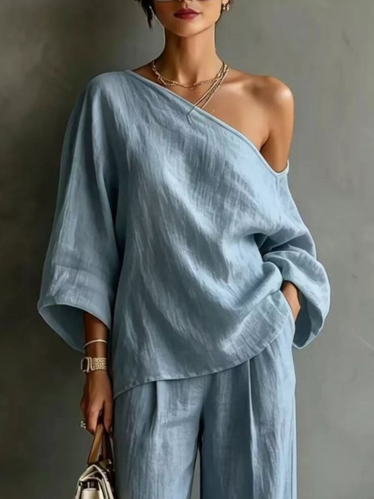 One Shoulder Top and Wide Leg Pants Set - Lilixa.store