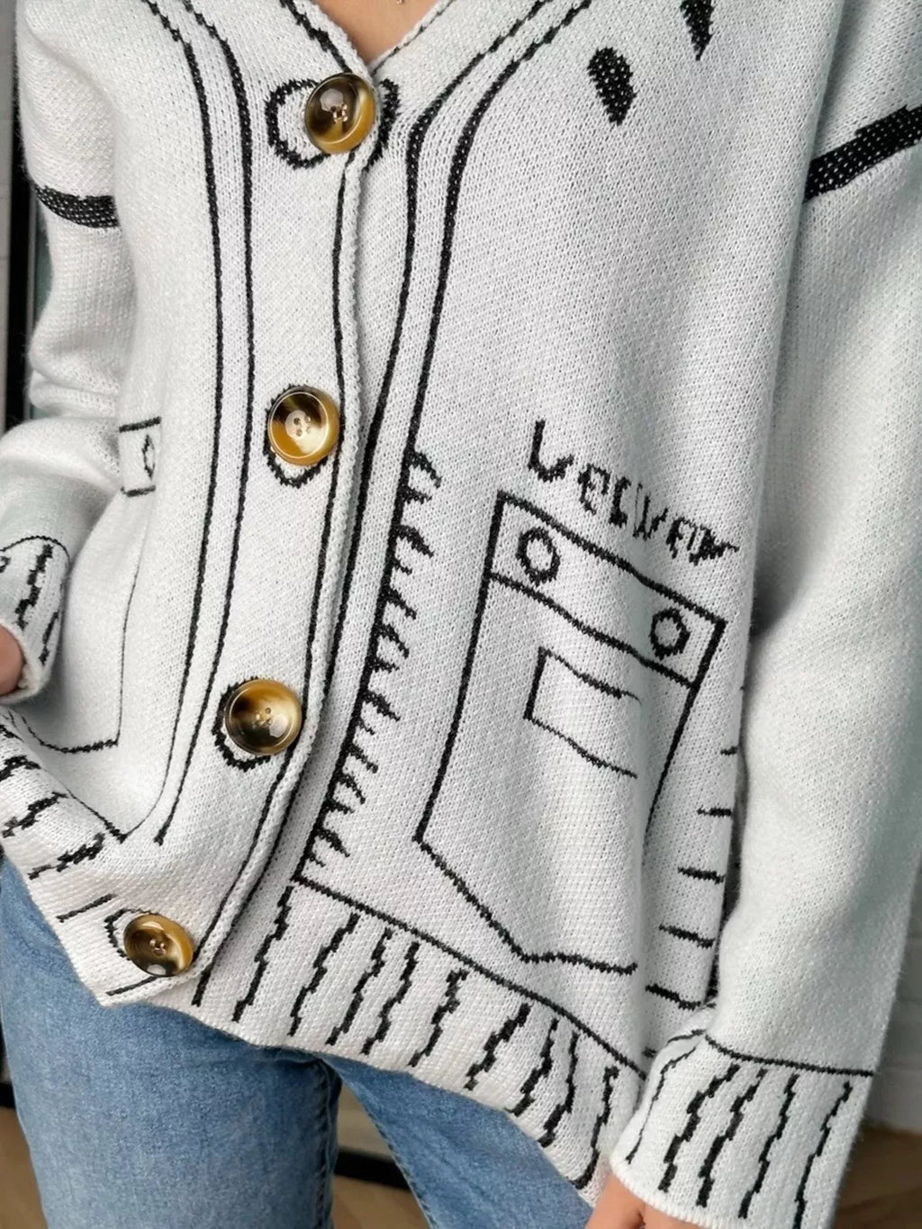 Contrast Graphic V-Neck Button-Down Cardigan - Lilixa.store