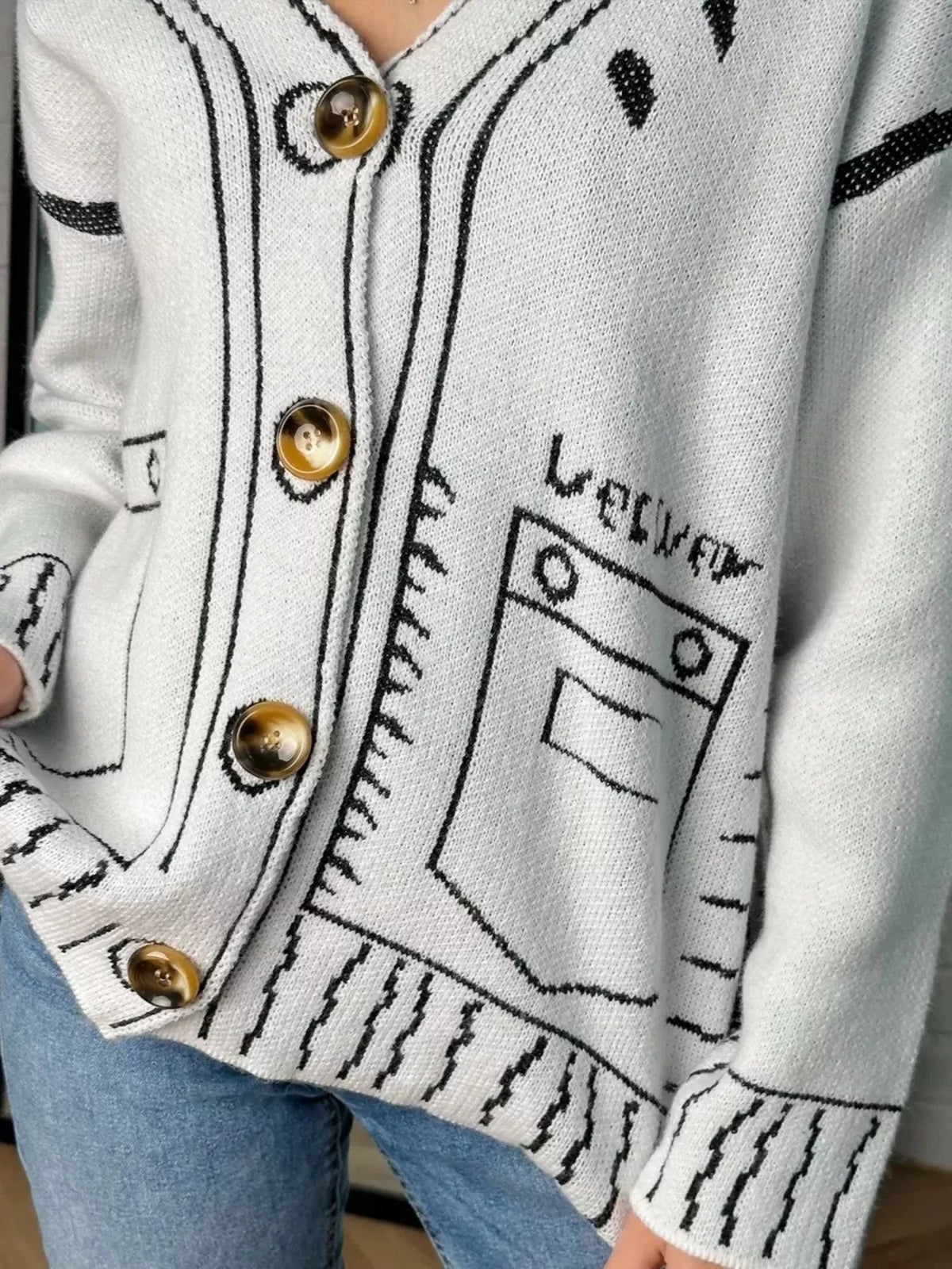 Contrast Graphic V-Neck Button-Down Cardigan - Lilixa.store