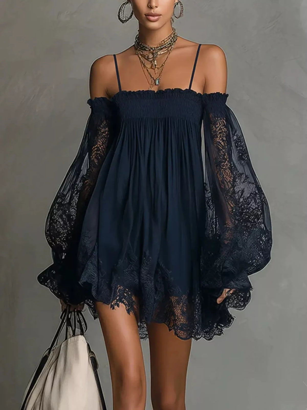 Spaghetti Strap Lace Flounce Sleeve Mini Dress