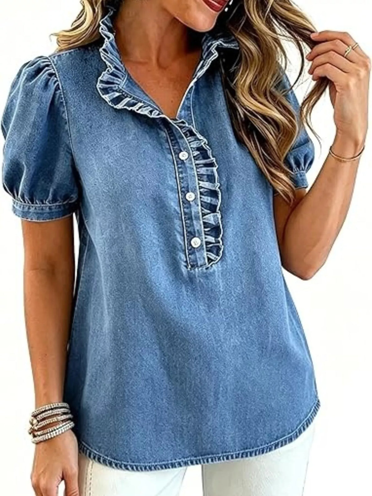 Frill Puff Sleeve Denim Top - Lilixa.store